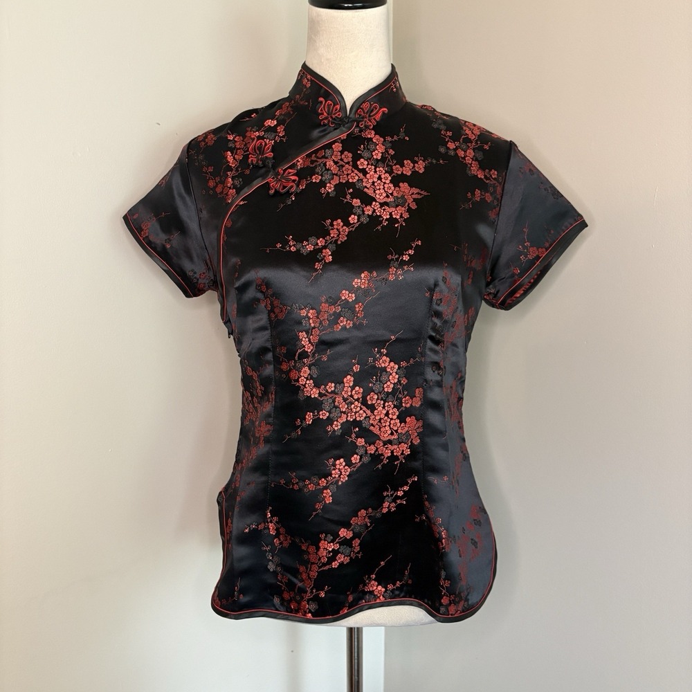 VTG Double Peach Black Red Satin Cheongsam Top Qipao Blouse Cherry Blossom 36 S
